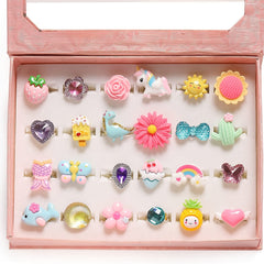 24pcs Girls Cartoon Adjustable Rings Set With Box