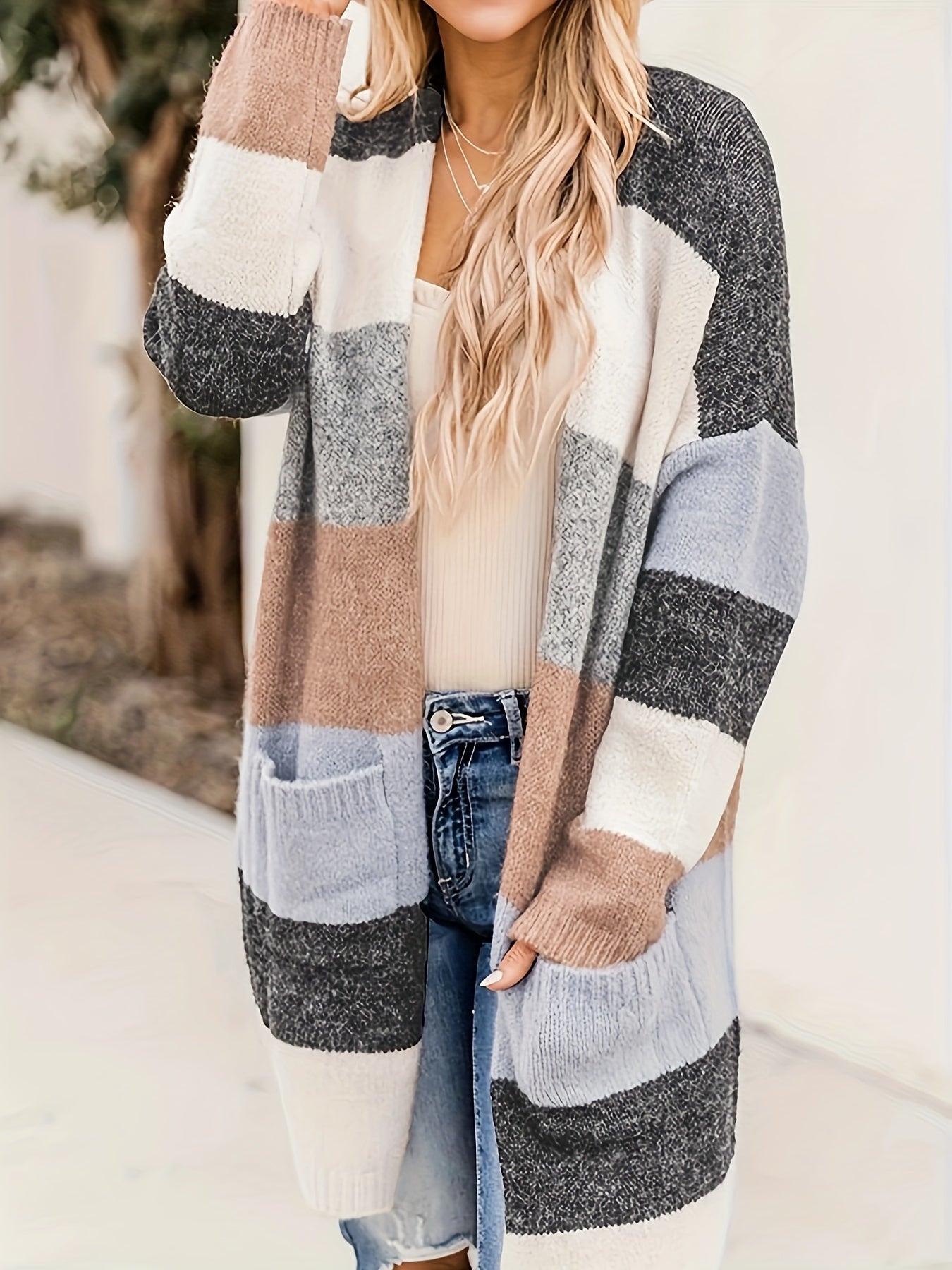  Colorblock Open Front Cardigan With Pockets
