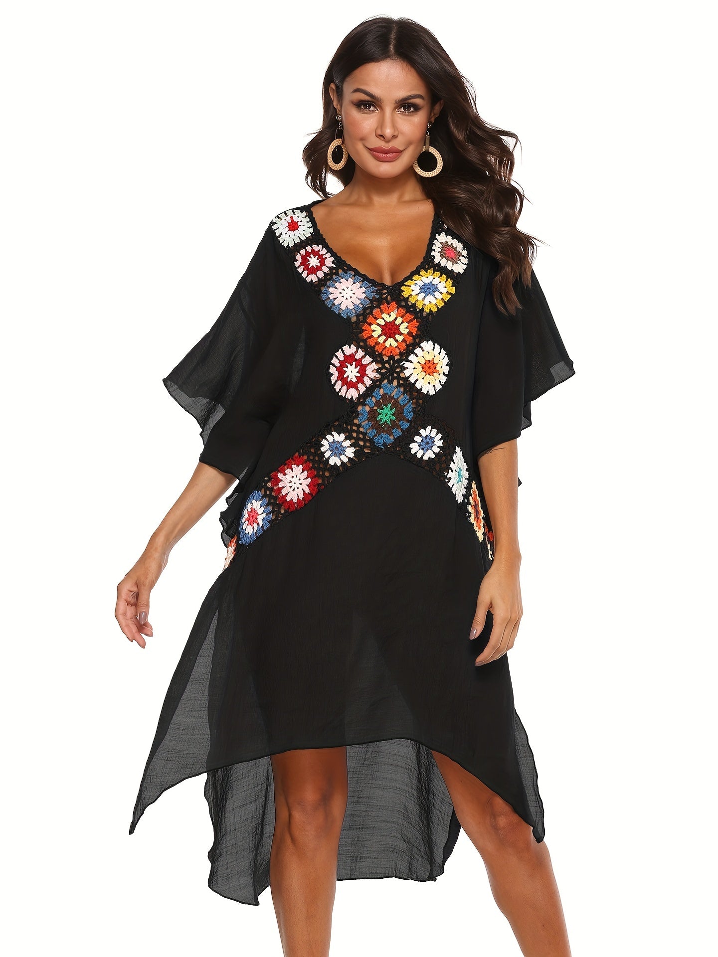 Crochet Floral Decor Beach Dress V Neck Semi Sheer Split Kaftan