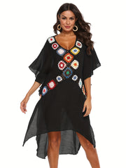 Crochet Floral Decor Beach Dress V Neck Semi Sheer Split Kaftan