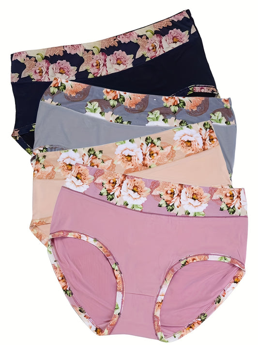 4 Pack Women's Plus Size Soft Floral Trim Briefs Set
