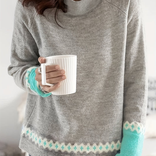 Block Mock Neck Pullover Sweater Casual Long Sleeve Raglan Shoulder
