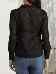  Sexy Blouse Women's Plus Stripe Print Mesh Long Sleeve Button Up Shirt