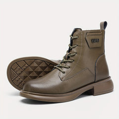 Women's Chunky Heel Lace-Up Side Zipper Leather Boots