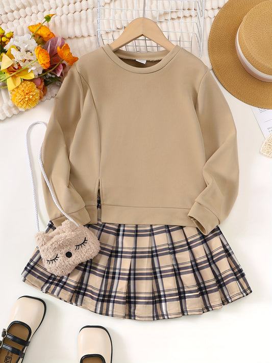 Girl's 3pcs Casual Outfit Sweatshirt & Plush Bag & Pleated Skirt S