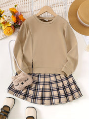 Girl's 3pcs Casual Outfit Sweatshirt & Plush Bag & Pleated Skirt S