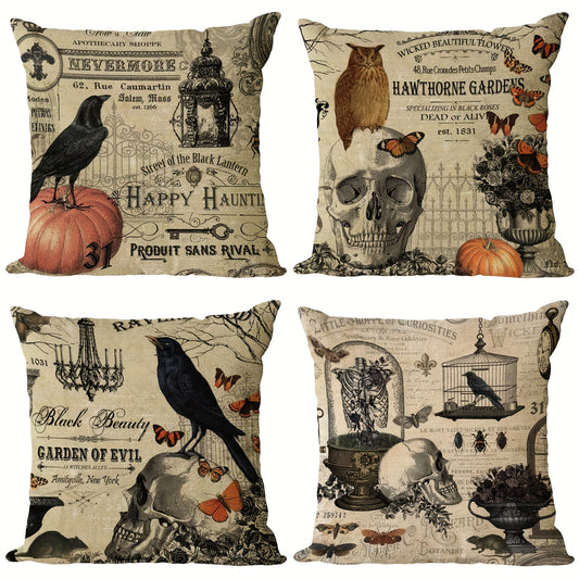 Halloween Linen Blend Pillow Case Skeleton Pumpkin Crow Square Cushion Cover