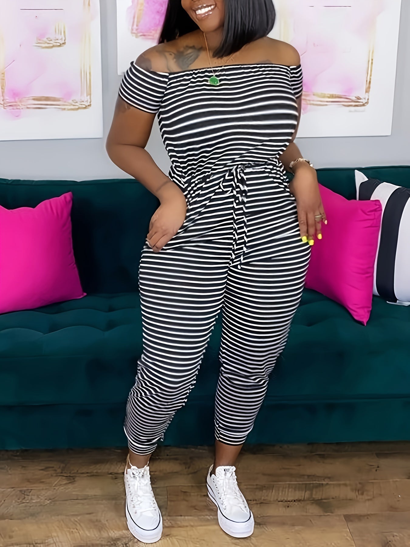  Off Shoulder Striped Print Jumpsuit Women's Plus Medium Stretch Casual