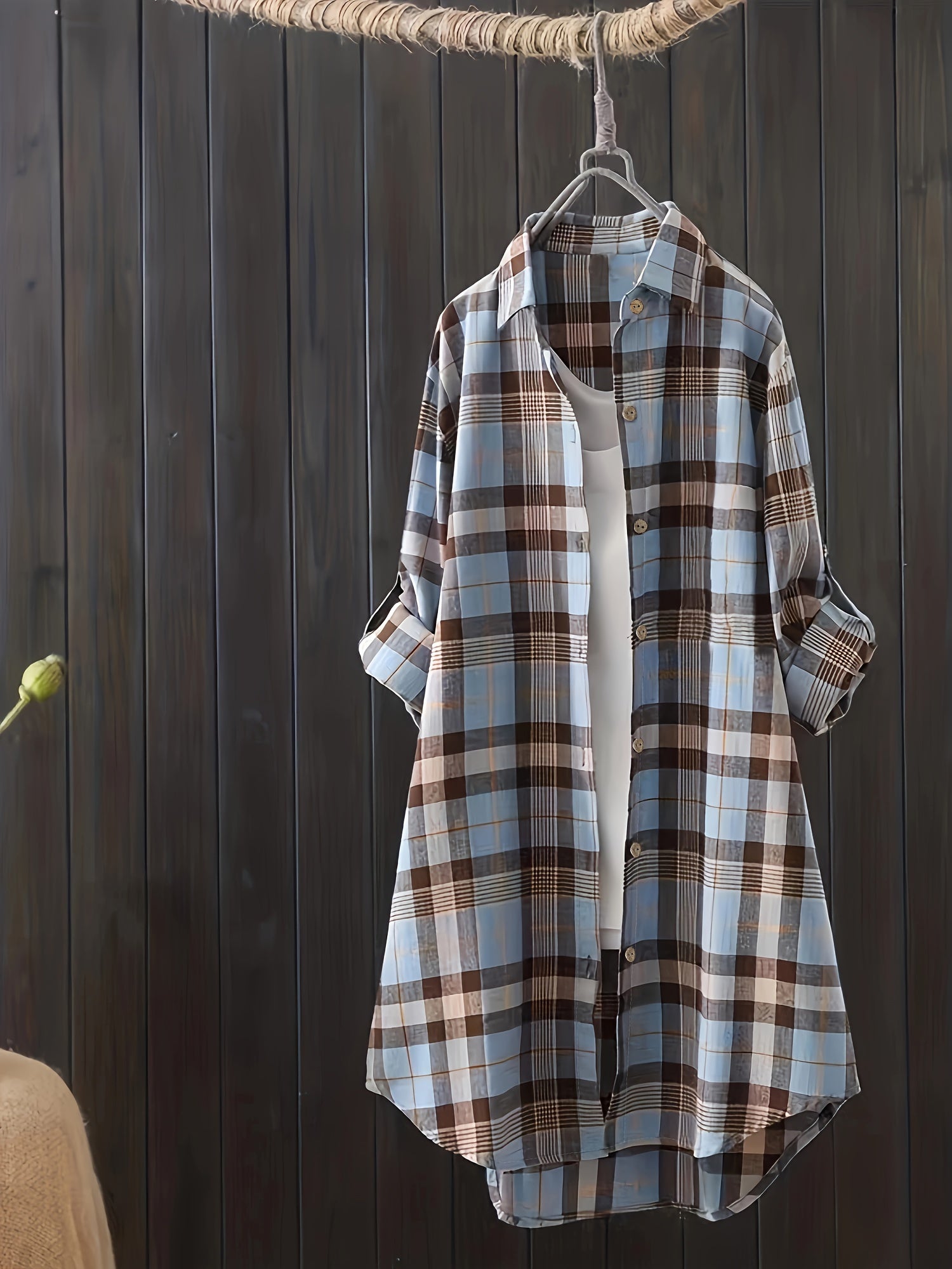  Casual Plaid Print Long Sleeve Button Up Tunic Shirt