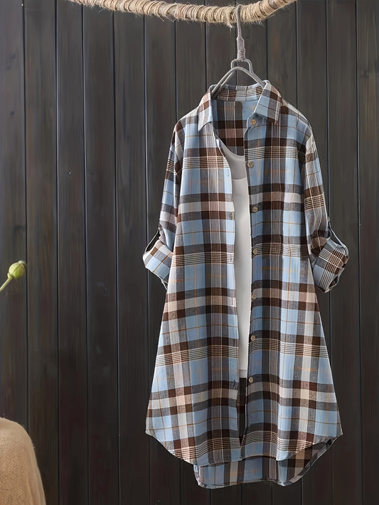  Casual Plaid Print Long Sleeve Button Up Tunic Shirt