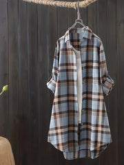  Casual Plaid Print Long Sleeve Button Up Tunic Shirt