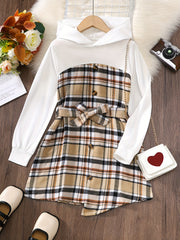 Plaid Hoodie Dress Tween Girls A Line Casual Belted Dress
