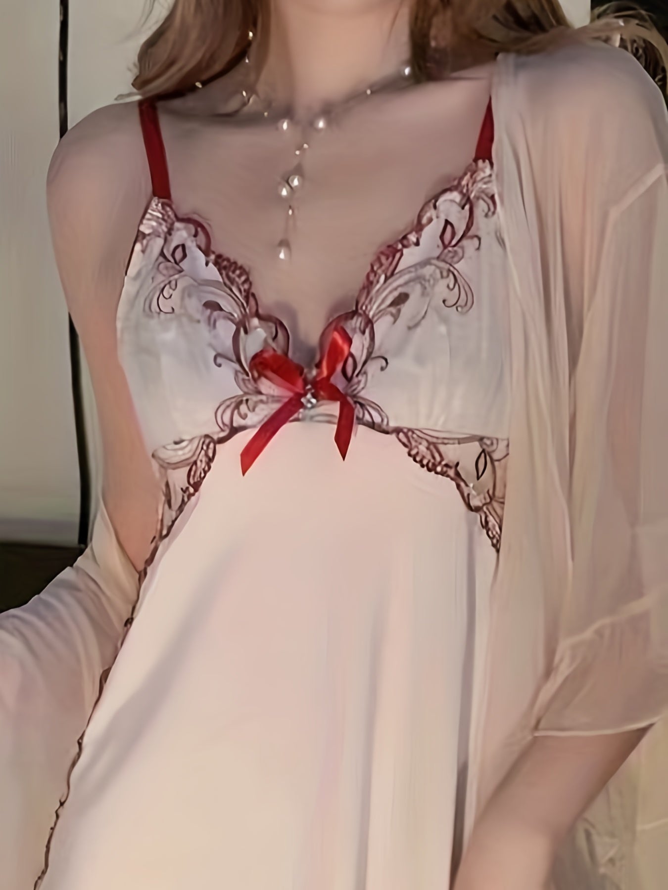 Sexy Lace Slip Dress Deep V Back Bow Detail Women's Lingerie