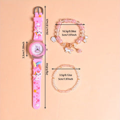 Cute Pony Quartz Watch for Girls with LED Light & Beaded Bracelet Set