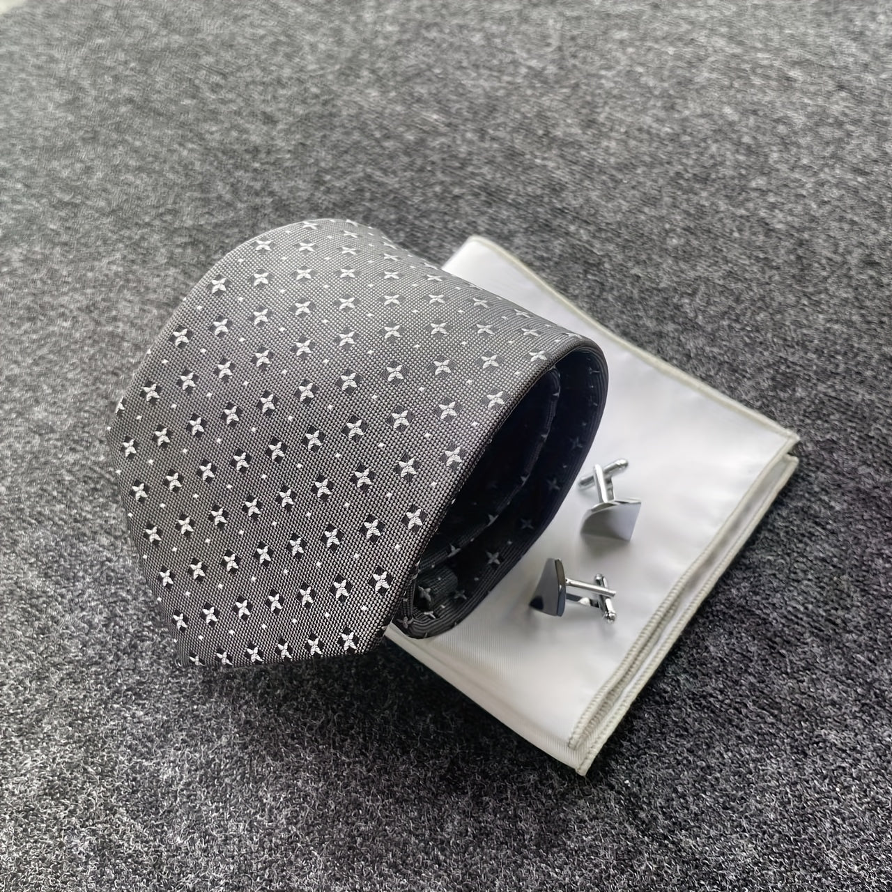 Vintage Gray Tie Pocket Square & Cufflink Set Business Party Wedding