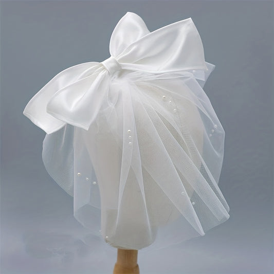 Short Bridal Head Veil with Comb & Bow - Wedding Accessory
