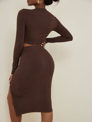 Ribbed Slit Dresses Two piece Set Long Sleeve Crop Tops & High Waist Skirt