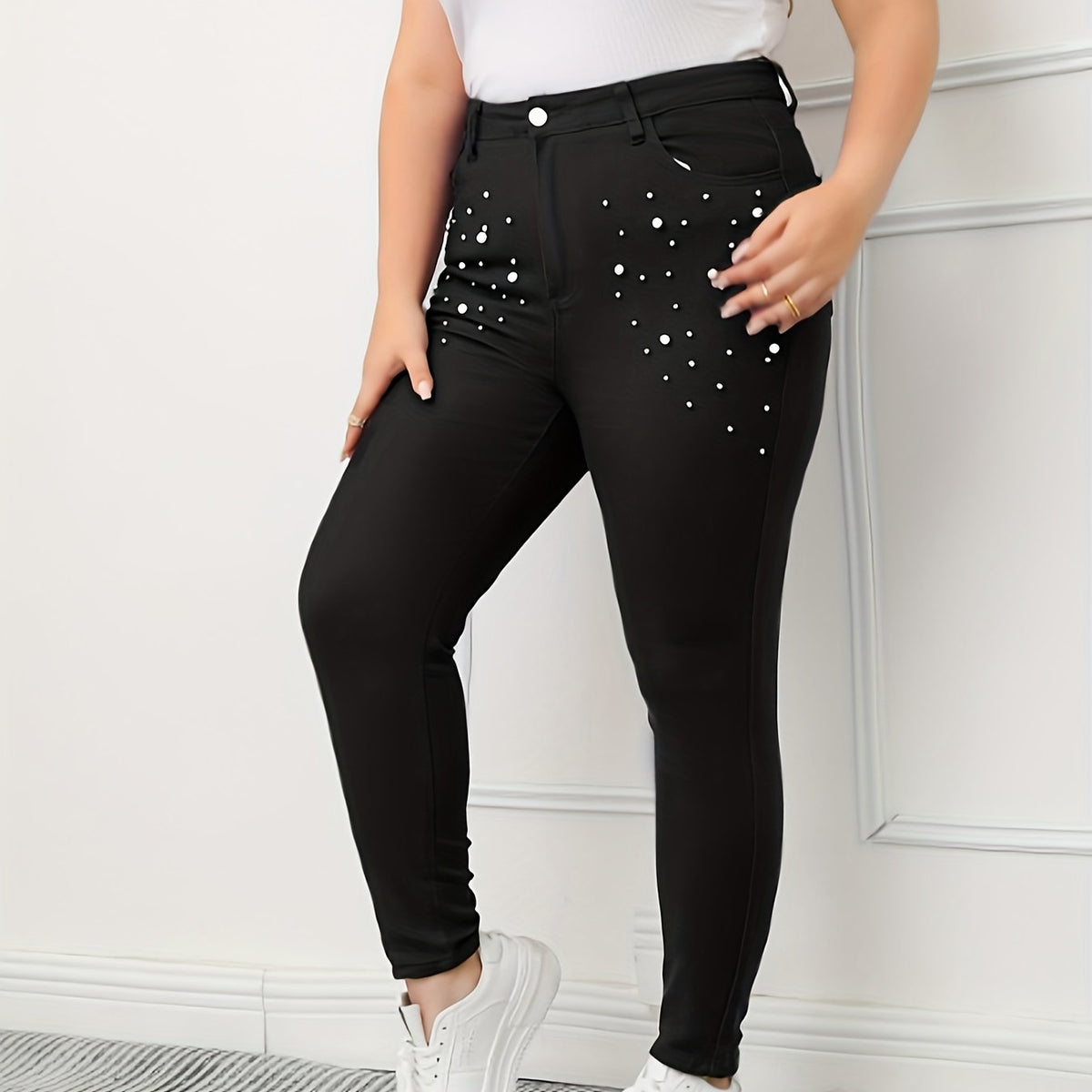 Women's Plus Pearl Button Slim Fit Denim Pants