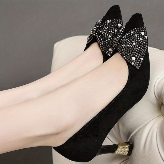 Women's Rhinestone Bowknot Slip On Stiletto Heels
