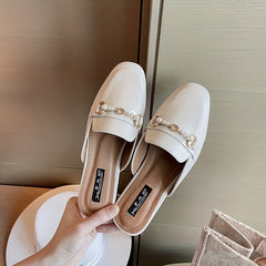 Pearl Chain Square Toe Mules Loafers