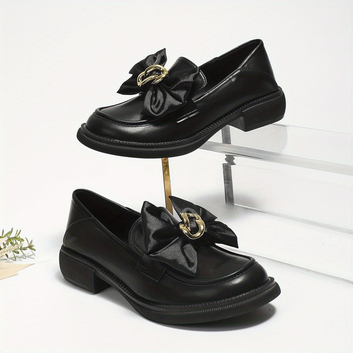 Women's Satin Bow Loafers Slip On Chunky Shoes