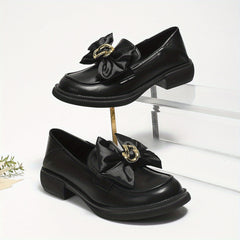 Women's Satin Bow Loafers Slip On Chunky Shoes