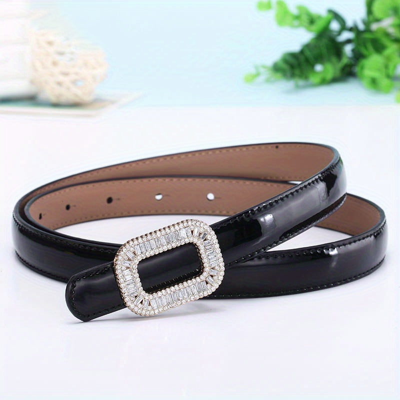 Women's Rhinestone Square Buckle Thin Leather Belt
