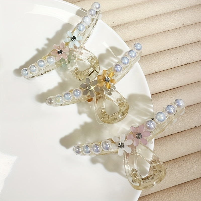 Faux Pearl Hair Claw With Flower Jelly Hair Claw Ponytail Holder