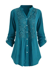  Solid Button Up Lace Panel Blouse