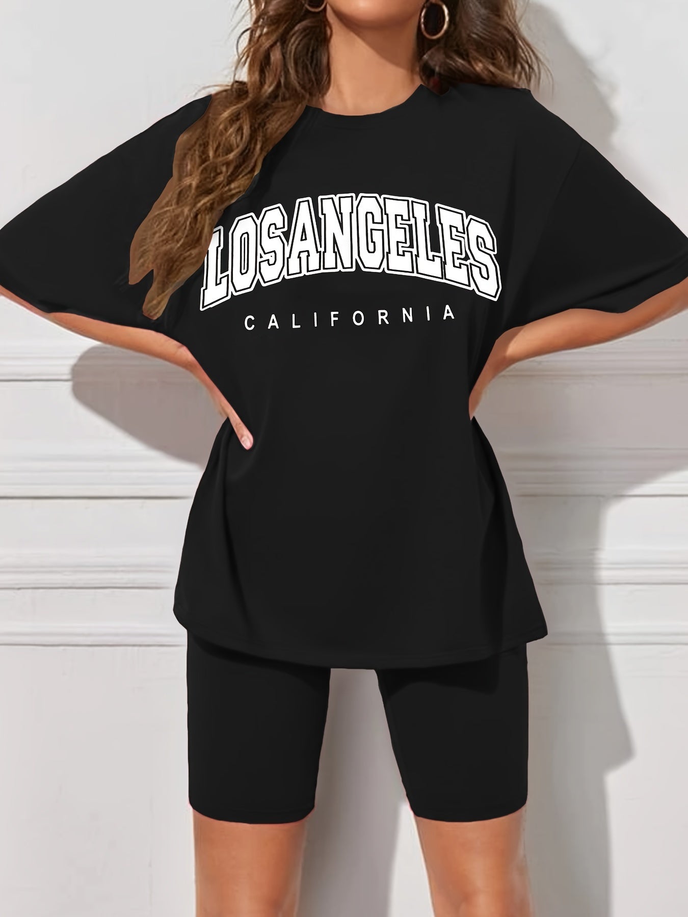 Letter Print T-shirt & Biker Shorts Set Women's Outfit