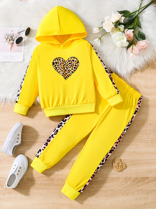 2pcs Girls Leopard print Hoodie And Pants Set
