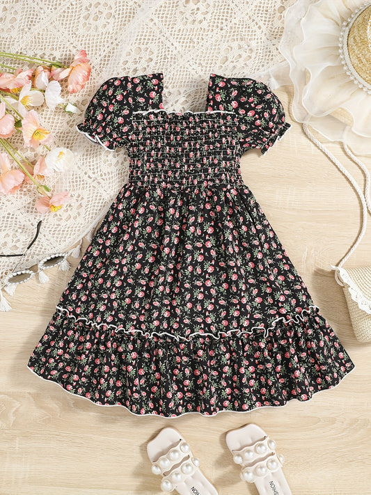 Kid Girls Floral Summer Dress Square Neck A line Princess Dress