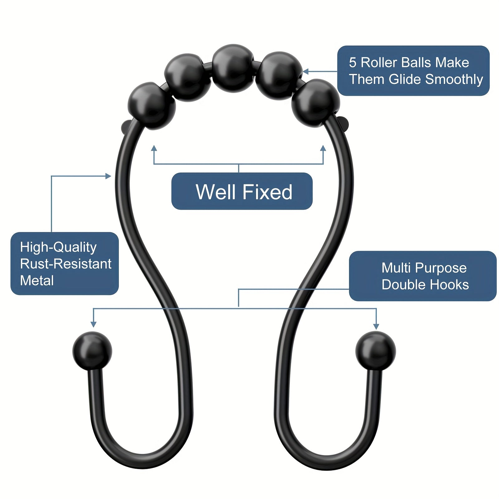 12pcs Double Hook Shower Curtain Ring Rustproof Smooth Glide for Bathroom