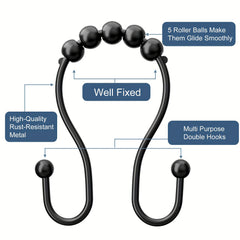 12pcs Double Hook Shower Curtain Ring Rustproof Smooth Glide for Bathroom