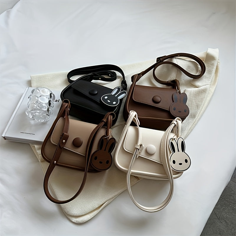Colorblock Shoulder Bag Mini Flap Purse With Bunny Pendant