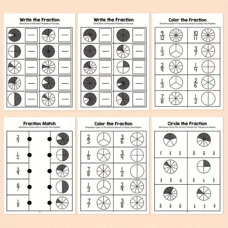 Fraction Learning Math Workbook Whiteboard Book Colorful Circle Graphs