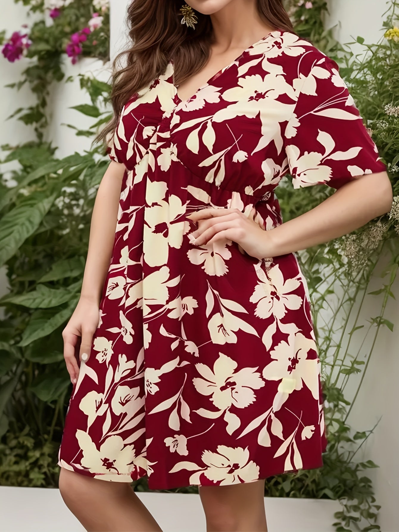Floral Print Short Sleeve V Neck Mini Dress