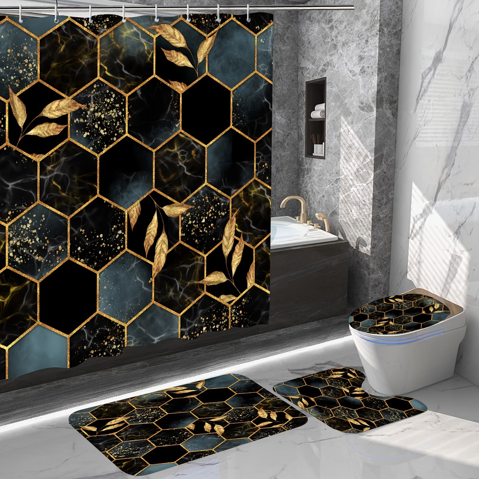 Modern Bee Trough Hexagonal Pattern Shower Curtain Set