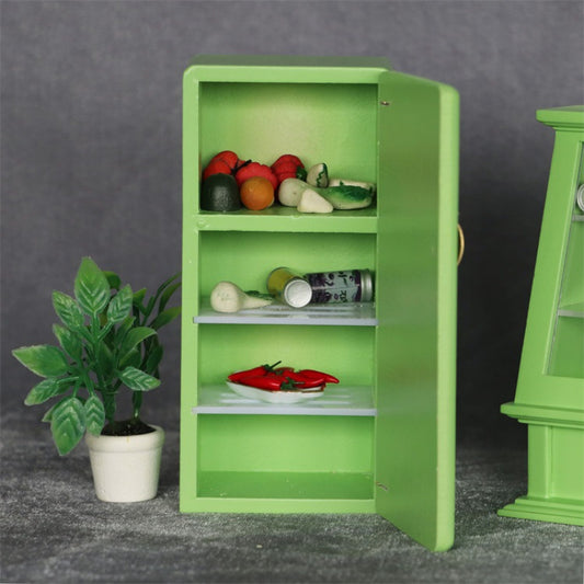 1:12 Scale Green Wooden Refrigerator Model Vintage Style for Kitchen Decor