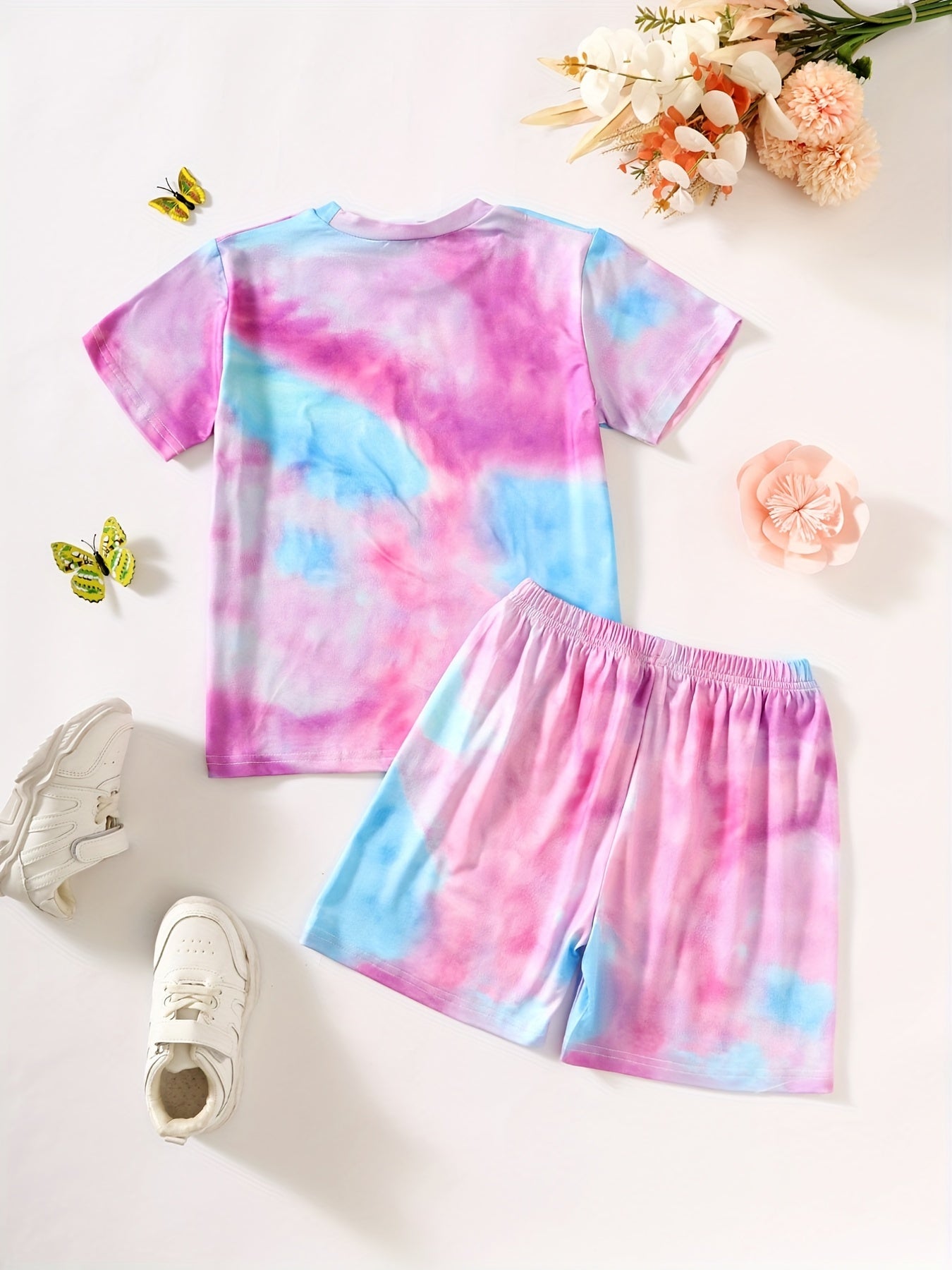 Girls Tie Dye Heart Pattern T Shirt Shorts Set