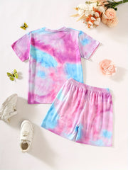 Girls Tie Dye Heart Pattern T Shirt Shorts Set