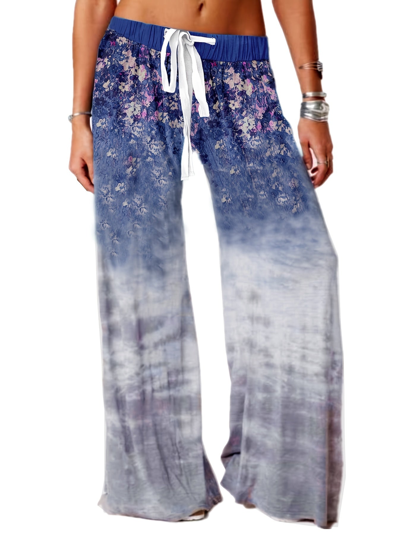 Women's Plus Floral & Ombre Print Drawstring Wide Leg Pants