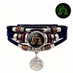 12 Zodiac Luminous Leather Bracelet Multilayer Beaded Hand Jewelry