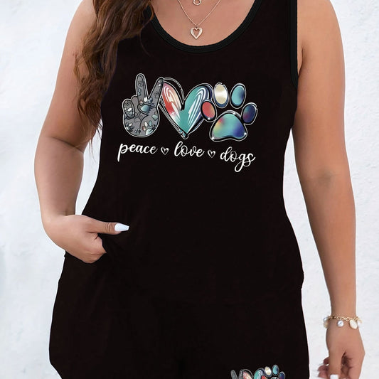  Heart & Letter Print Tank Top & Shorts Pajama Set