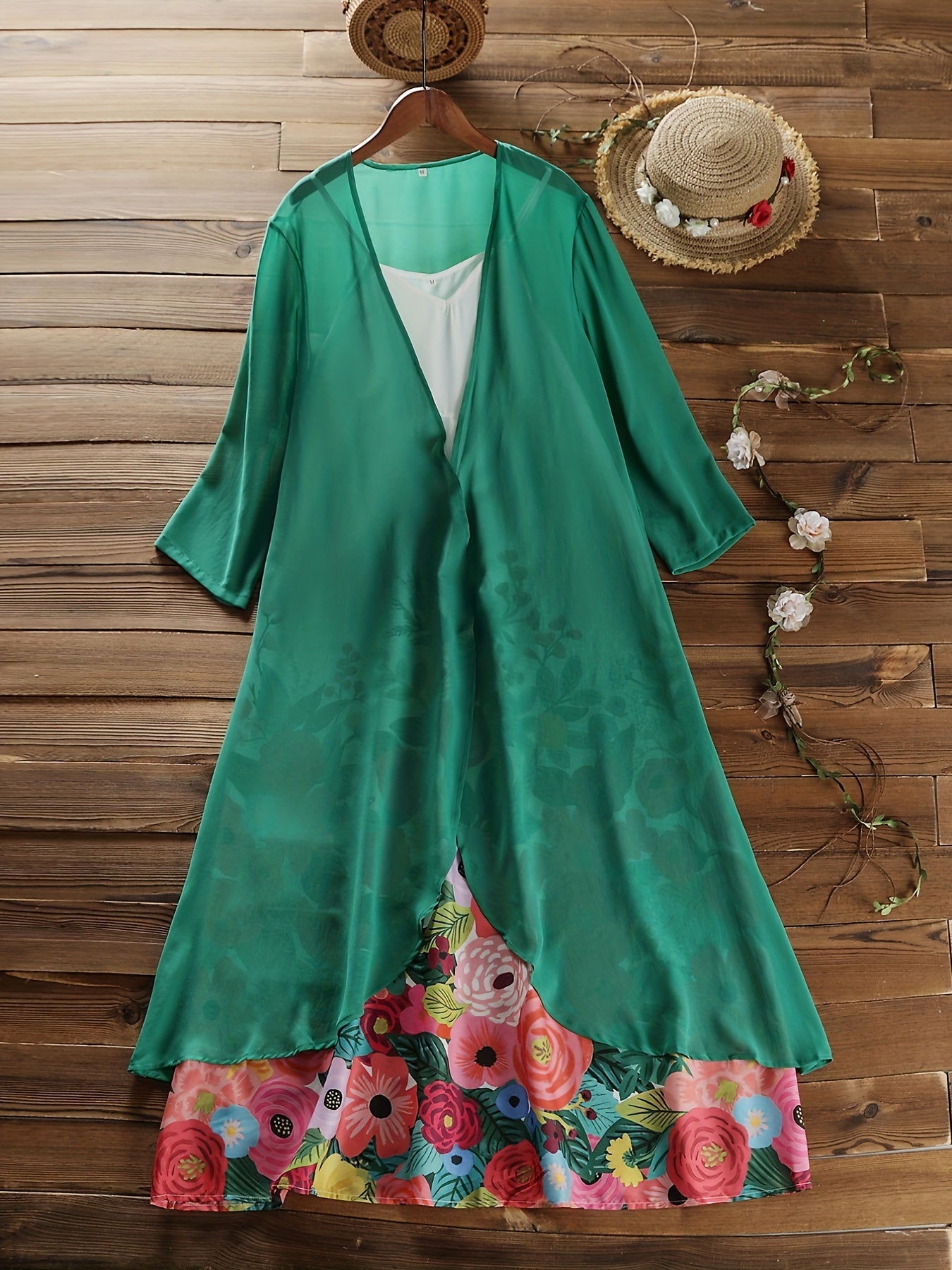 Plus Floral Print V Neck Cami Dress & Solid Cover Up Outfits 2 Piece Set