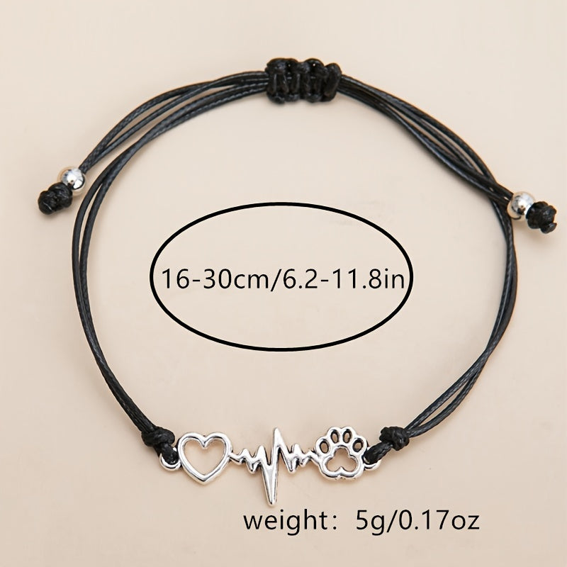 Dog Paw & Love Heart Bracelet Adjustable Rope Hand Jewelry
