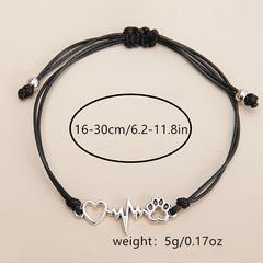 Dog Paw & Love Heart Bracelet Adjustable Rope Hand Jewelry