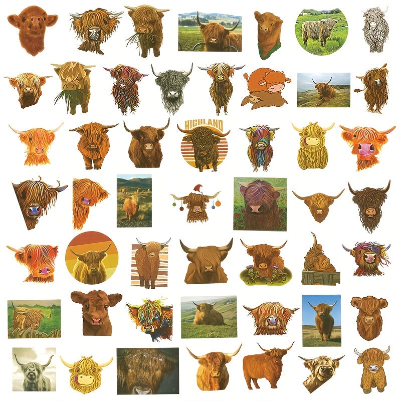 50pcs Highland Cow Cartoon Stickers For Motorcycle Helmet Water Cup
