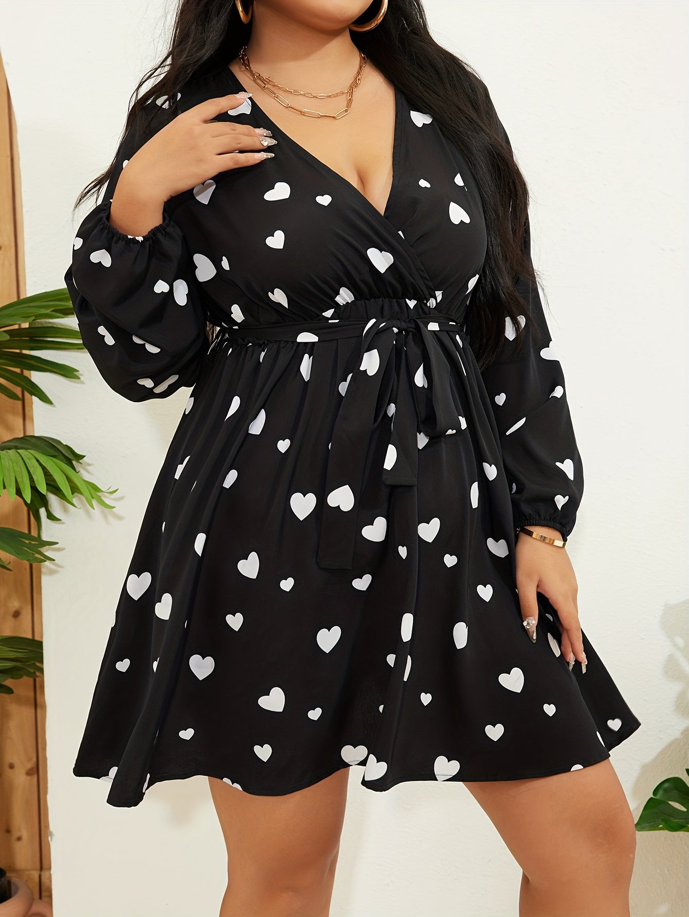  Heart Print Lantern Sleeve Dress With Belt
