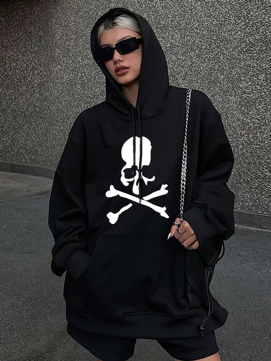 Skull Print Drawstring Sports Sweatshirt for Halloween Warm Plush Inner Hoodies